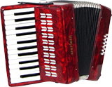 Scarlatti Piano Accordion, 12 Bass. Red Red pearl finish. 2 voice, 25 treble keys, G to G with straps